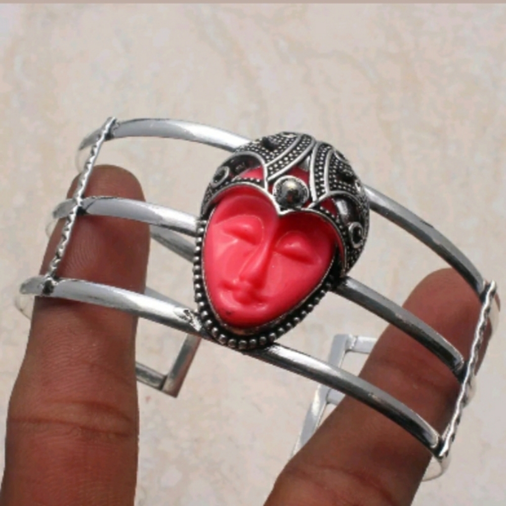 New Carved Agate Goddess Face Silver Cuff Bracelet.